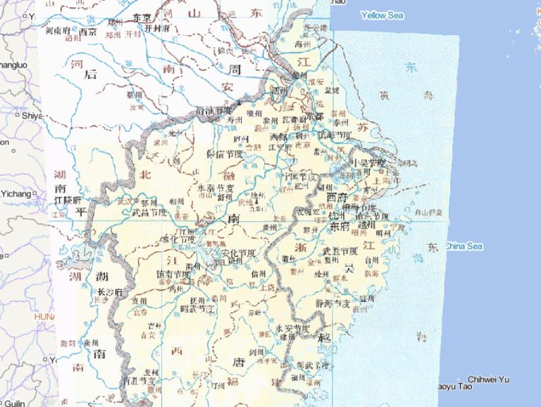 Online historical map of Southern Tang, Wu and Yue (954) in the Five Dynasties and ten states period of China