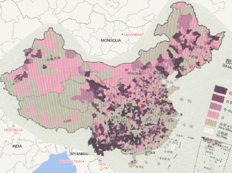 Online map of hail caused damaged housing by county in China in 2016
