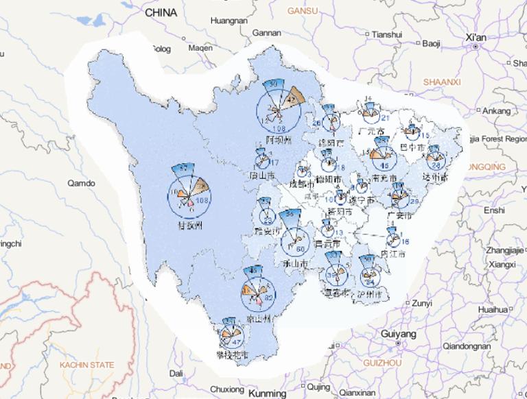 Online map of disaster frequency distribution by disaster type in Sichuan Province in 2014