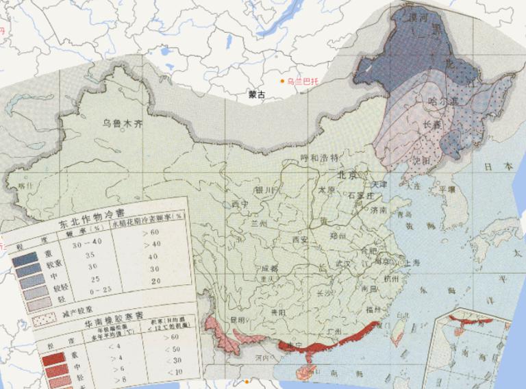China's agrometeorological disasters northeast crop cold damage and Southern China rubber cold damage online map