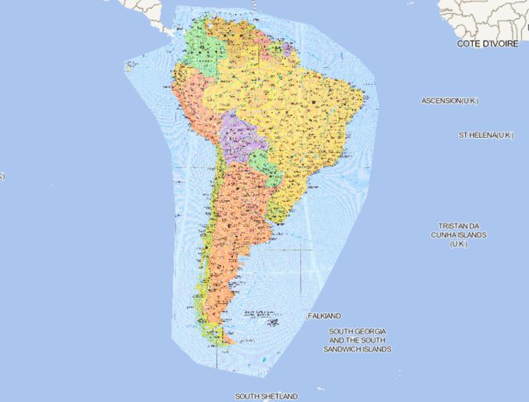 Online map of South America countries and regions