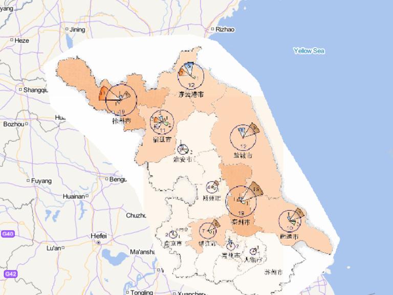 Online map of disaster frequency distribution by disaster type in Jiangsu Province in 2014