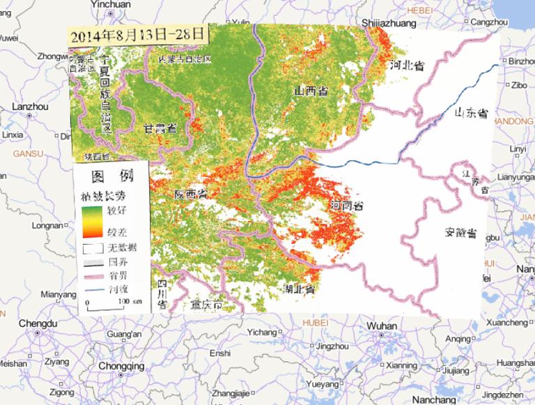 Online map of vegetation growth in central and Western Henan and southern Shaanxi from August 13 to 28, 2014