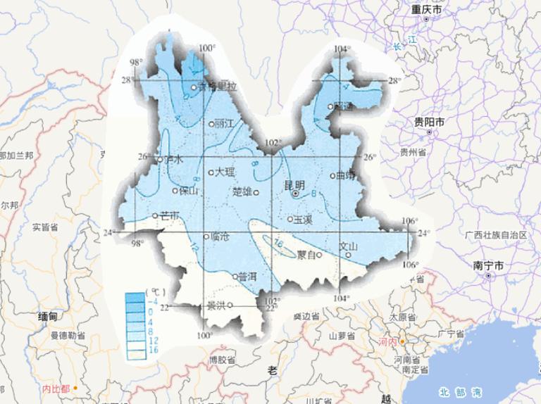 Online map of January average temperature in Yunnan Province, China