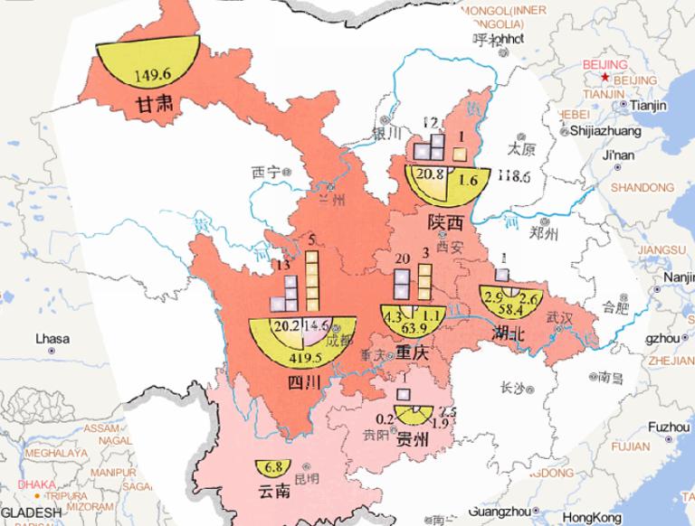 Online map people affected by flood disaster in West China in mid to early September 2014