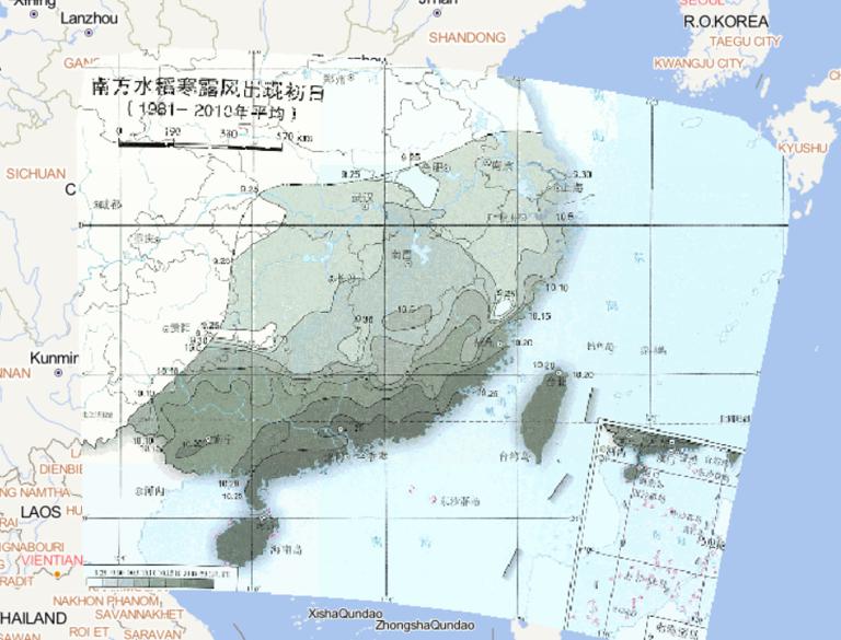 Online map of the first day of rice cold dew wind in southern China from 1981 to 2010