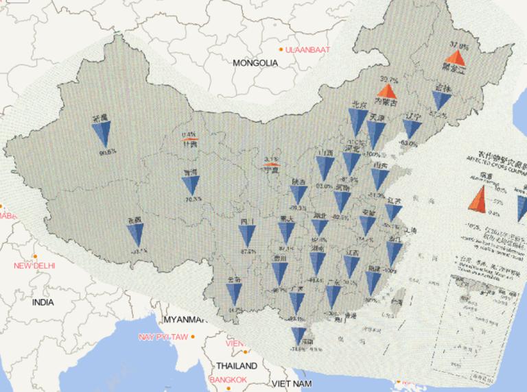 Online map of comparison of drought affected crops in 2016 to the annual mean since 2000 by province in China