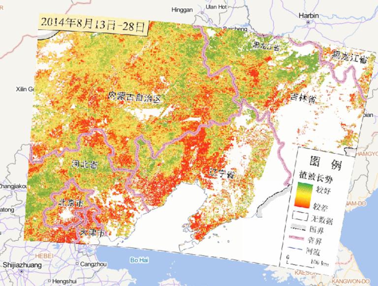 Online map of vegetation growth in central and Western Liaoning and Eastern Inner Mongolia from August 13 to 28, 2014