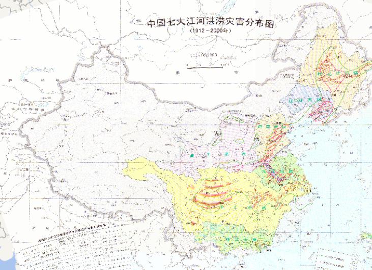 Online  distribution map of  seven major rivers' flooding disasters  in China  (1912-2000)