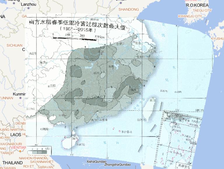 Online map of the maximum number of cold damage processes of rice in spring in southern China from 1961 to 2015