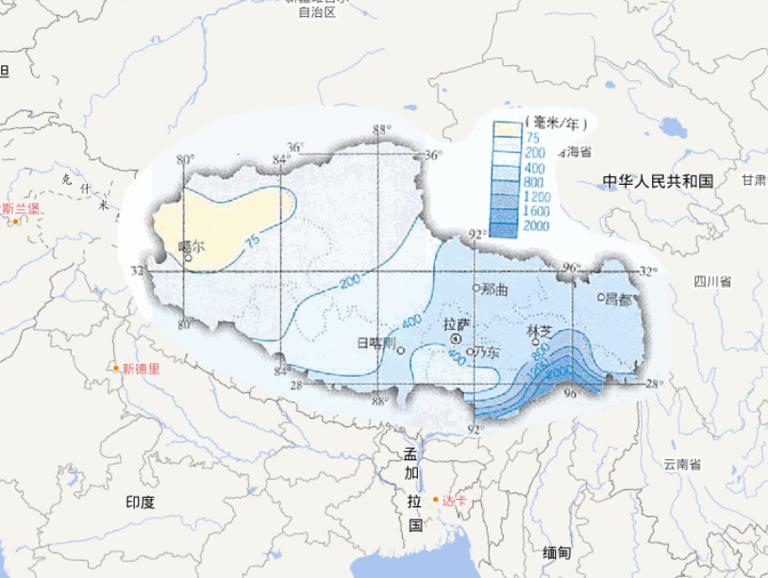Online map of annual precipitation in Tibet Autonomous Region of China