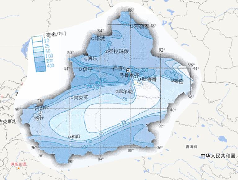 Online map of annual precipitation in Xinjiang Uygur Autonomous Region, China