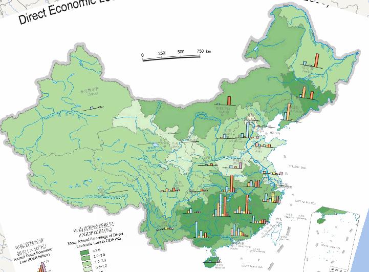 On-line map of direct economic losses of floods in China (1993-2000)