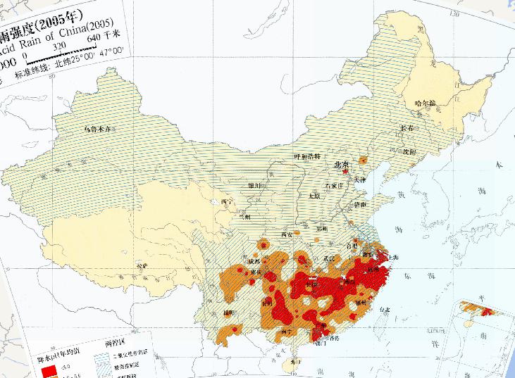 Online map of China acid rain intensity (2005)