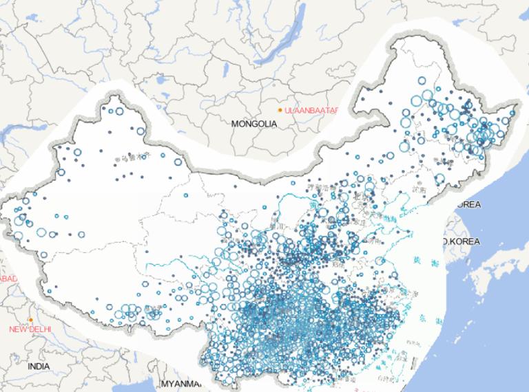 Online map of frequency distribution of floods and geological disasters in China in 2014
