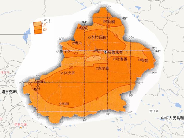 Online map of July average temperature in Xinjiang Uygur Autonomous Region, China
