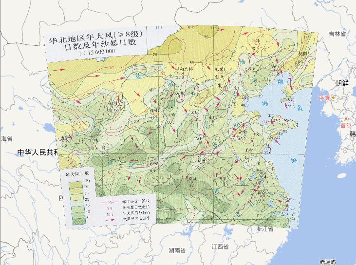 Online map of days of strong wind and sandstorm in north China