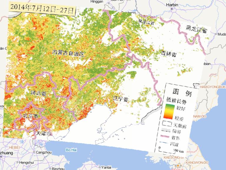 Online map of vegetation growth in central and Western Liaoning and Eastern Inner Mongolia from July 12 to 27, 2014